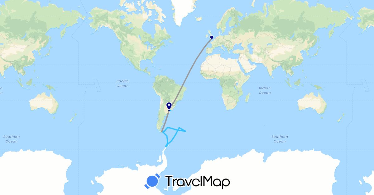 TravelMap itinerary: driving, plane, boat in Argentina, Falkland Islands, United Kingdom, South Georgia and the South Sandwich Islands, Uruguay (Antarctica, Europe, South America)